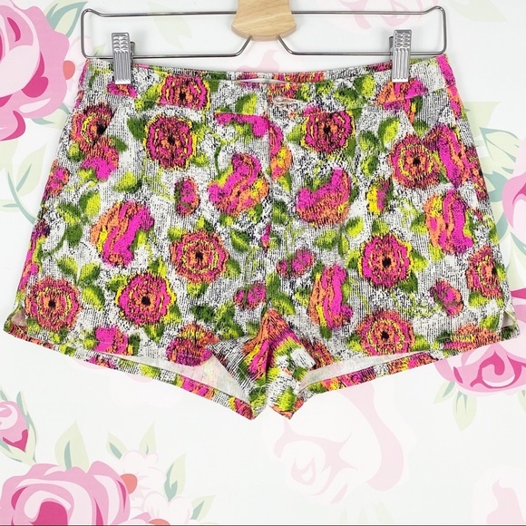 Zara Pants - Zara Floral Print Neon High Rise Shorts S